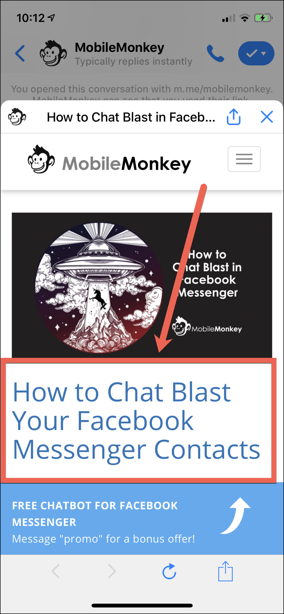 A chat blast CTA button automatically redirects the user to your onsite content.