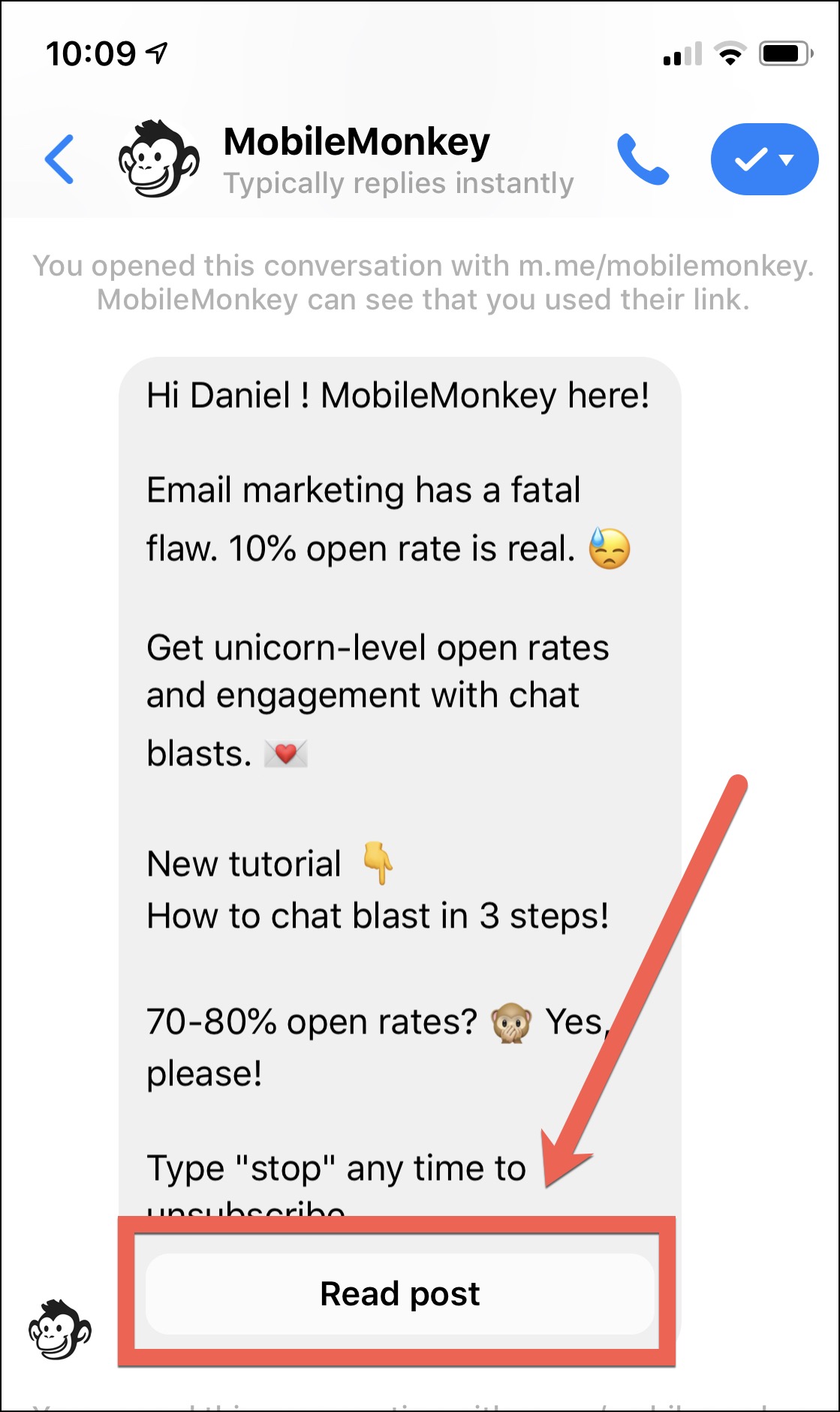 A chat blast with a CTA button like "Read post" can attract your audience to read onsite content.