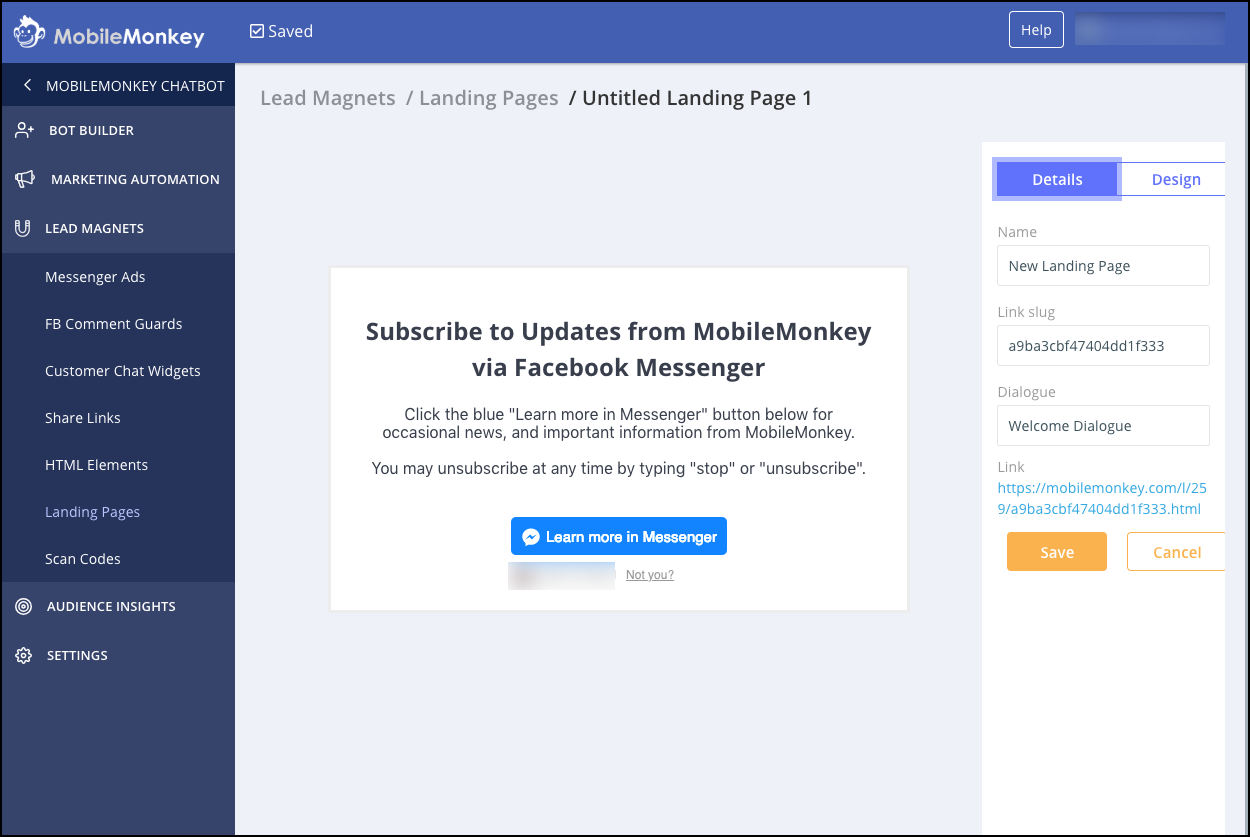Businesses can create their Facebook Messenger landing pages through MobileMonkey's software.