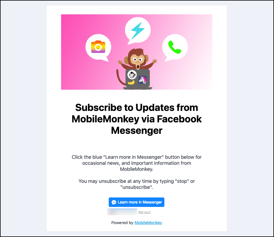 MobileMonkey's Facebook Messenger landing page showing a picture of a monkey on his laptop to entice the audience to subscribe via FB Messenger
