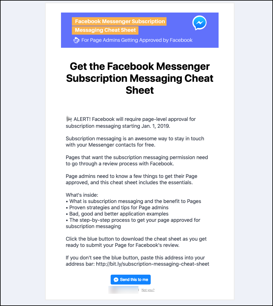 MobileMonkey's Facebook Messenger landing page offering a subscription marketing cheat sheet
