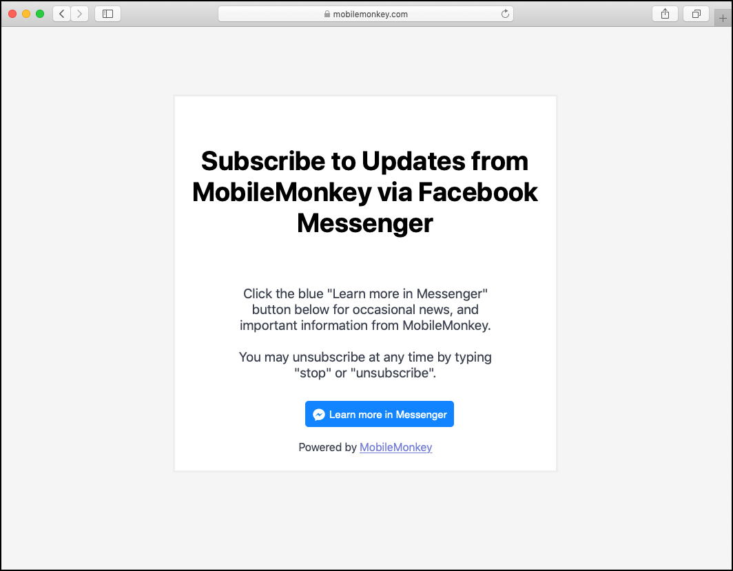 MobileMonkey's Facebook Messenger landing page asking readers to subscribe to their updates.