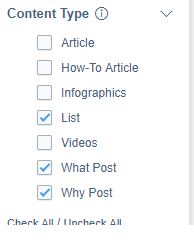 Content Analyzer's Content Type Filters that includes checkboxes for Article, How-To Article, Infographics, List, Videos, What Post, Why Post