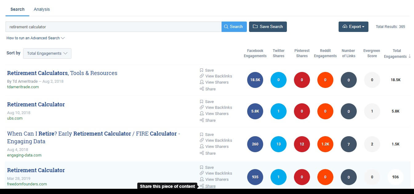 Buzzsumo's Content Analyzer shows results for the keyword "retirement calculator."