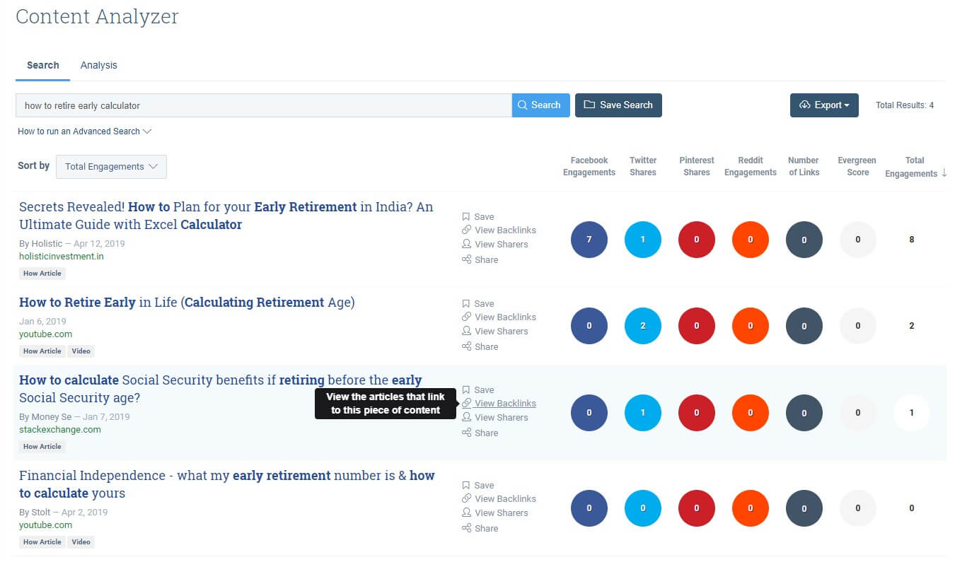 Buzzsumo's Content Analyzer shows results for the keyword "how to retire early calculator."